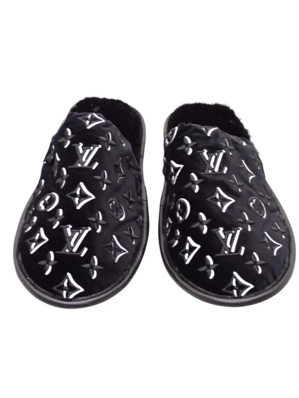 Louis Vuitton LV Suit Line Mules Slippers Room Shoes 42 Velvet Mink Black